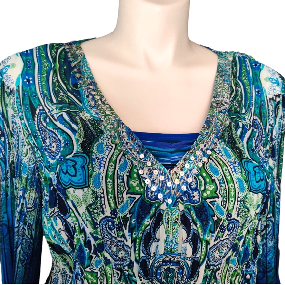 Dress Barn Blue Green Sparkle Beaded Bell Sleeve Blouse Swim Cover-up EUC sz 2X - Picture 2 of 9